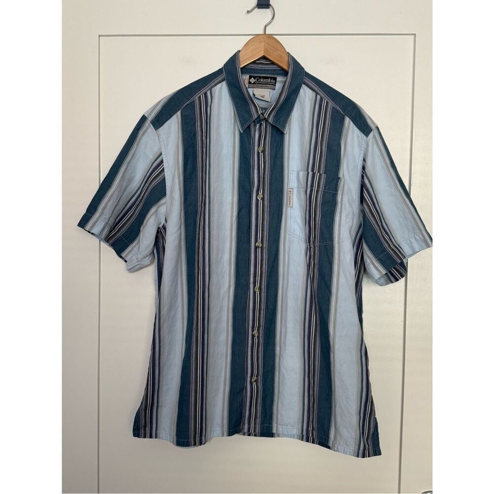 Columbia Shirt Mens L Blue Striped Short Sleeve Button Up Outdoor Camping Hiking